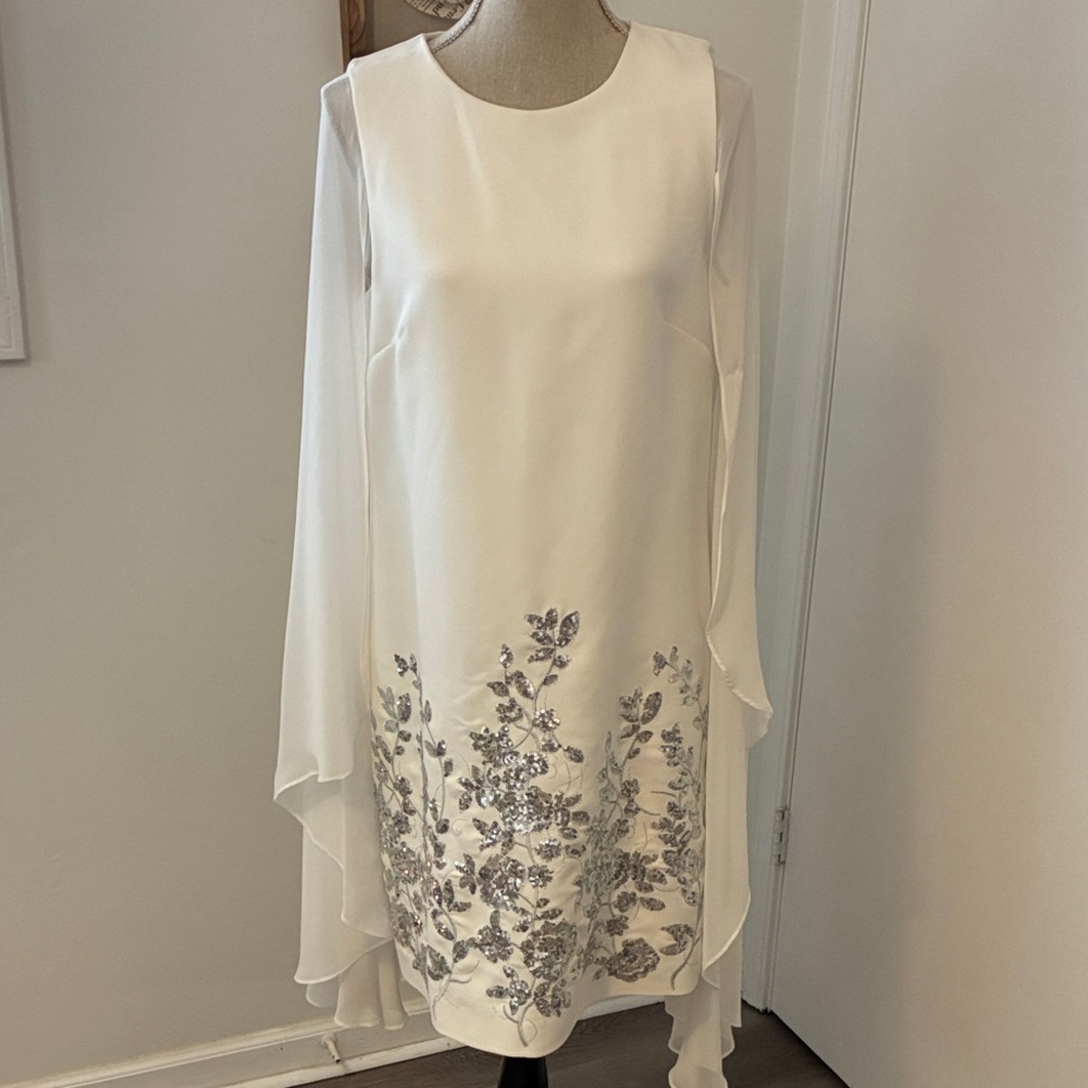 Alex Marie White and Silver Sequined Midi Dress with Cape Sleeves